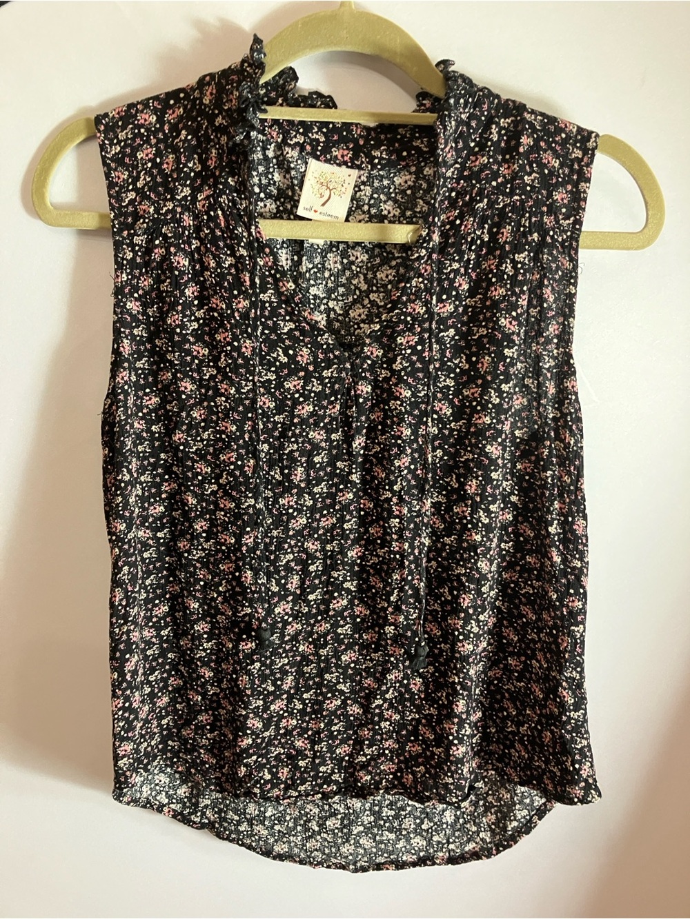 Self Esteem Black Sleeveless V-Neck Blouse with Pink Floral Print - Picture 9 of 9